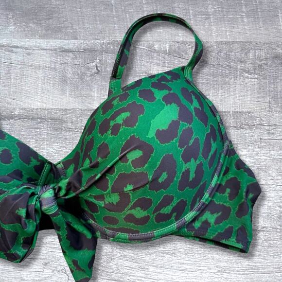 Green Leopard Knot Front Push Up Bikini Swimsuit NEW Plus 3X High Waist Bottom - Picture 4 of 9